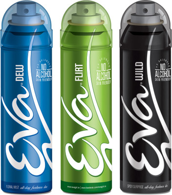 

EVA Deodorant Spray, Wild, Flirt & Dew ,125ml - Combo 3 Deodorant Spray - For Women(125 ml, Pack of 3)