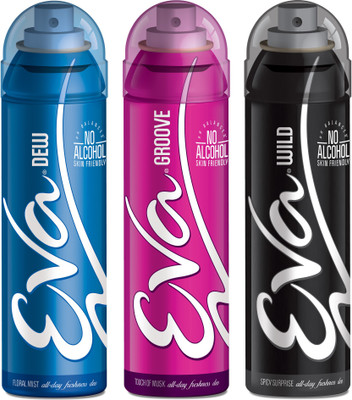 

EVA Deodorant Spray, Wild, Groove & Dew ,125ml - Combo 3 Deodorant Spray - For Women(125 ml, Pack of 3)
