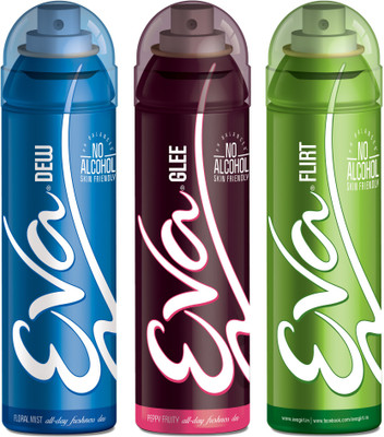 

EVA Deodorant Spray, Flirt, Dew & Glee ,125ml - Combo 3 Deodorant Spray - For Women(125 ml, Pack of 3)