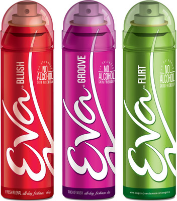 

EVA Deodorant Spray, Flirt, Groove & Blush ,125ml - Combo 3 Deodorant Spray - For Women(125 ml, Pack of 3)