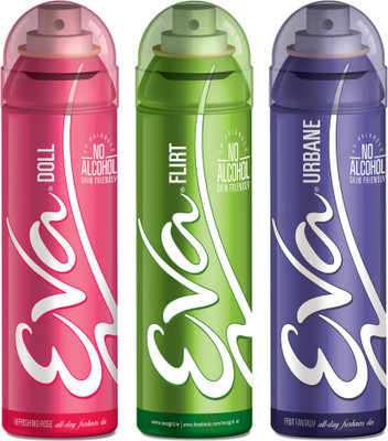 

EVA Deodorant Spray, Doll, Flirt & Urbane ,125ml - Combo 3 Deodorant Spray - For Women(125 ml, Pack of 3)