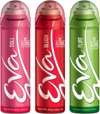 

EVA Deodorant Spray, Doll, Flirt & Blush ,125ml - Combo 3 Deodorant Spray - For Women(125 ml, Pack of 3)