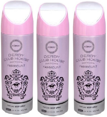 

Armaf Derby Club House Fairmount Deodorant Body Spray For Women 200 ML(PACK OF 3) Body Spray - For Women(600 ml, Pack of 3)