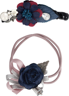

Bijou Vertex Limited Edition Navy Vintage Floral Barrette Hair Clip & Pony Hair Accessory Set(Blue)