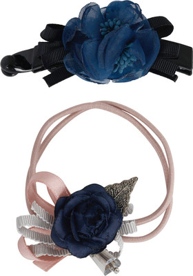 

Bijou Vertex Limited Edition Navy Vintage Floral Barrette Hair Clip & Pony Hair Accessory Set(Blue)