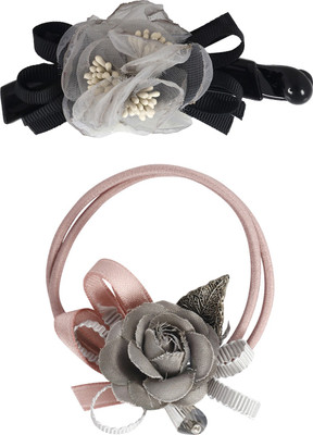 

Bijou Vertex Limited Edition Steel Grey Vintage Floral Barrette Hair Clip & Pony Hair Accessory Set(Grey)
