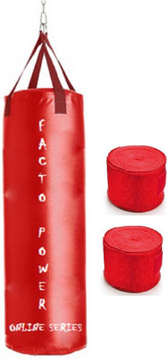 Facto Power ONLINE SERIES 5.0 FEET LONG, SRF MATERIAL,RED COLOR, UNFILLED WITH HANGING STRAPS, 9 FEET LONG RED COLOR HAND WRAPS Boxing Kit