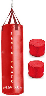 

Facto Power ONLINE SERIES 2.5 FEET LONG, SRF MATERIAL,RED COLOR, UNFILLED WITH HANGING STRAPS, 9 FEET LONG RED COLOR HAND WRAPS Boxing Kit