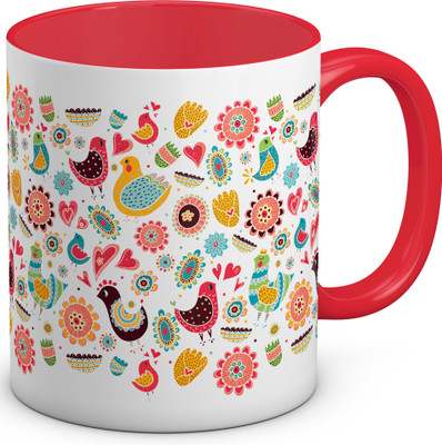 

OyeHoe Just Colours and Birds Coffee Ceramic Mug(300 ml), Red
