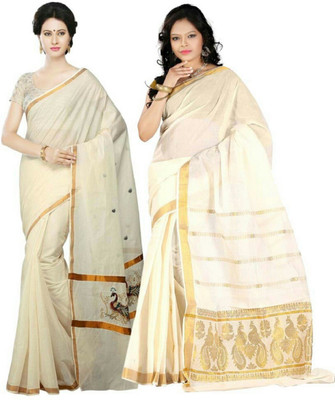 RSV FABRICS Solid/Plain Kasavu Cotton Blend Saree(Pack of 2, White, Cream)