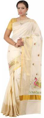 RSV FABRICS Embroidered Mundum Neriyathum Cotton Blend Saree(White)