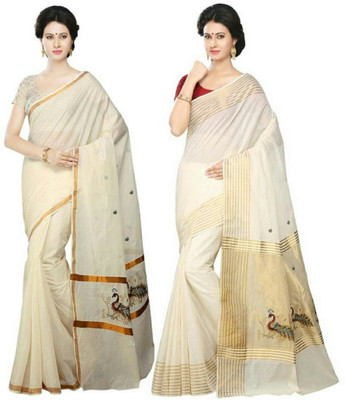 RSV FABRICS Embroidered Kasavu Cotton Blend Saree(Pack of 2, Cream)