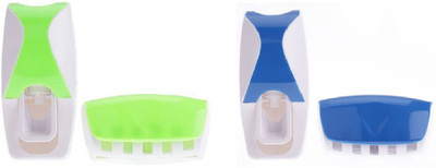 

Elegantshopping TOOTHPASTE DISPENSER WITH TOOTHBRUSH HOLDER, SET OF 2 Plastic Toothbrush Holder(Multicolor, Wall Mount)