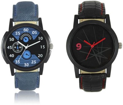 FASHION POOL LOREM MEN'S MOST STUNNING FULL BLACK WATCH WITH FULL BLUE ROUND DIAL UNIQUE GRAPHICS (002 & 008) COMBO PROFESSIONAL & CASUAL WEAR WATCH WITH FULL BLUE & BLACK CROCODILE PATTERN LEATHER BELT COMBO FOR FESTIVAL SPECIAL Watch  - For Boys   Watches  (FASHION POOL)