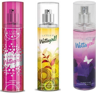 

LAYERR WOTTAGIRL AMBER KISS FRAGRANT BODY SPLASH + WOTTAGIRL FRESH CITRUS FRAGRANT BODY SPLASH + WOTTAGIRL ROMANCE FRAGRANT BODY SPLASH Body Spray - For Women(135 ml, Pack of 3)