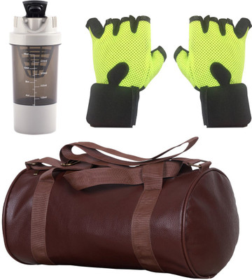 

Cp Bigbasket ombo Set Leather Soft Gym Bag (Brown), Cyclone Shaker, Netted Gym & Fitness Gloves (Green) Gym & Fitness Kit