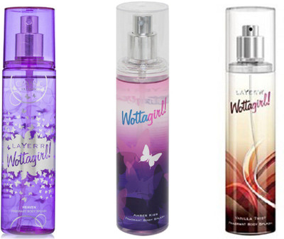 

LAYERR WOTTAGIRL VANILLA TWIST FRAGRANT BODY SPLASH + WOTTAGIRL AMBER KISS FRAGRANT BODY SPLASH + WOTTAGIRL HEAVEN FRAGRANT BODY SPLASH Body Spray - For Women(135 ml, Pack of 3)