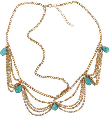

FAYON Funky Fashion Multi Layer Golden Chains With Turquoise Beads Hair Chain(Gold)