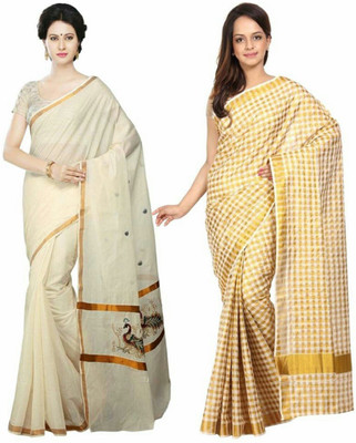 RSV FABRICS Graphic Print Mundum Neriyathum Cotton Blend Saree(Pack of 2, Cream)