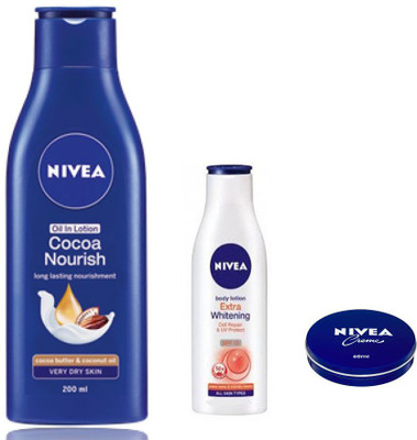 

Nivea COCOA NOURISH OIL IN LOTION 200 ML + EXTRA WHITENING CELL REPAIR LOTION 75 ML + CREME 60 ML(200 ml)