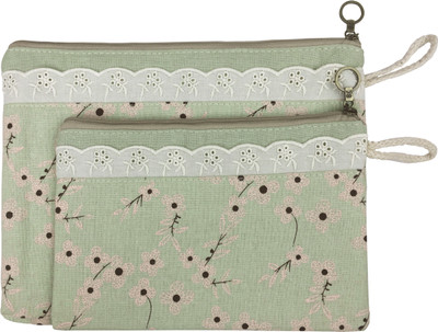 

Bag of Small Things Fabric Multipurpose Travel Pouch Set of 2 Green Floral Cosmetic Bag(Green)