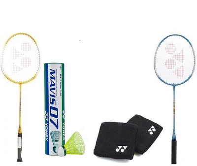 

Yonex Combo of Five, Two GR 303 One Box Mavis 07 Shuttle cock (1/2 Dozen) And Two Wrist Bands Multicolor Strung Badminton Racquet(G3 - 3.5 Inches, 90 g)