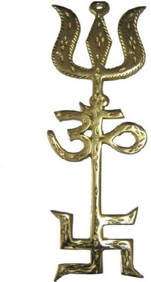 GIRISHA AND SON vastu / trishakti swastik om trishul for protection Showpiece - 3.5 cm (Iron, Yellow) Decorative Showpiece - 4 cm(Iron, Gold)