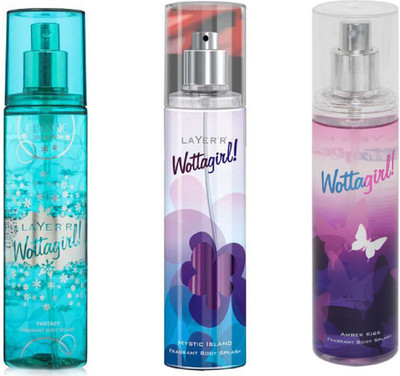 

LAYERR WOTTAGIRL AMBER KISS FRAGRANT BODY SPLASH + WOTTAGIRL MYSTIC ISLAND FRAGRANT BODY SPLASH + WOTTAGIRL FANTASY FRAGRANT BODY SPLASH Body Spray - For Women(135 ml, Pack of 3)