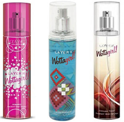 

LAYERR WOTTAGIRL VANILLA TWIST FRAGRANT BODY SPLASH + WOTTAGIRL PURE PARADISE FRAGRANT BODY SPLASH + WOTTAGIRL ROMANCE FRAGRANT BODY SPLASH Body Spray - For Women(135 ml, Pack of 3)