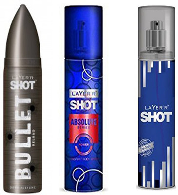 

LAYERR SHOT DEEP DESIRE FRAGRANT BODY + SHOT ABSOLUTE SERIES POWER FRAGRANT BODY SPRAY + SHOT BULLET RELOAD BODY PERFUME Body Spray - For Men(135 ml, Pack of 3)