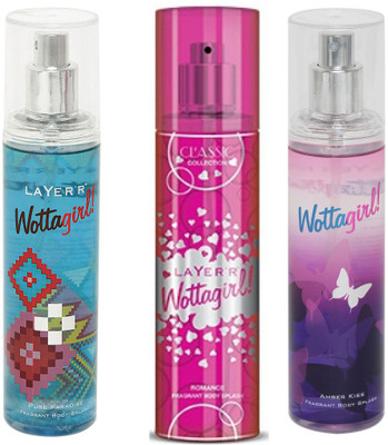 

LAYERR WOTTAGIRL PURE PARADISE FRAGRANT BODY SPLASH + WOTTAGIRL AMBER KISS FRAGRANT BODY SPLASH + WOTTAGIRL ROMANCE FRAGRANT BODY SPLASH Body Spray - For Women(135 ml, Pack of 3)