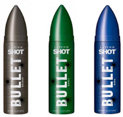 

LAYERR SHOT BULLET RELOAD BODY PERFUME + SHOT BULLET BANG BODY PERFUME + SHOT BULLET BURST BODY PERFUME Body Spray - For Men(135 ml, Pack of 3)