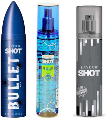 

LAYERR SHOT POWER PLAY FRAGRANT BODY + SHOT ABSOLUTE SERIES CRAZE FRAGRANT BODY SPRAY + SHOT BULLET BANG BODY PERFUME Body Spray - For Men(135 ml, Pack of 3)
