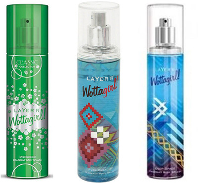 

LAYERR WOTTAGIRL DEEP SPACE FRAGRANT BODY SPLASH + WOTTAGIRL PURE PARADISE FRAGRANT BODY SPLASH + WOTTAGIRL EVERGREEN FRAGRANT BODY SPLASH Body Spray - For Women(135 ml, Pack of 3)
