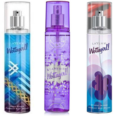 

LAYERR WOTTAGIRL MYSTIC ISLAND FRAGRANT BODY SPLASH + WOTTAGIRL DEEP SPACE FRAGRANT BODY SPLASH + WOTTAGIRL HEAVEN FRAGRANT BODY SPLASH Body Spray - For Women(135 ml, Pack of 3)