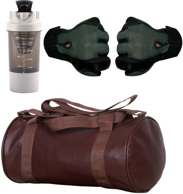 Cp Bigbasket Combo Set Leather Soft Gym Bag (Brown), Cyclone Shaker, Netted Gym & Fitness Gloves (Grey) Fitness Accessory Kit Kit