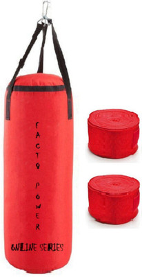 

FACTO POWER ONLINE SERIES 5.0 FEET LONG, PU MATERIAL,RED COLOR, UNFILLED WITH HANGING STRAPS, 9 FEET LONG RED COLOR HAND WRAPS Boxing Kit