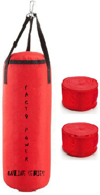 

FACTO POWER ONLINE SERIES 5.5 FEET LONG, PU MATERIAL,RED COLOR, UNFILLED WITH HANGING STRAPS, 9 FEET LONG RED COLOR HAND WRAPS Boxing Kit