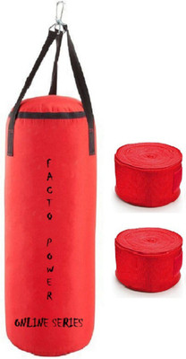 

FACTO POWER ONLINE SERIES 3.0 FEET LONG, PU MATERIAL,RED COLOR, UNFILLED WITH HANGING STRAPS, 9 FEET LONG RED COLOR HAND WRAPS Boxing Kit
