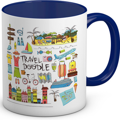 

OyeHoe Fun Loving Travel Doodle Coffee Ceramic Mug(300 ml), Blue