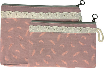 

Bag of Small Things Fabric Multipurpose Travel Pouch Set of 2 Pink Feather Cosmetic Bag(Pink)