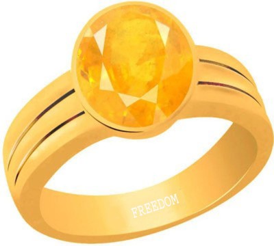 freedom Natural Certified Yellow Sapphire (Pukhraj) Gemstone 8.25 Ratti or 7.50 Carat for Male & Female Panchdhatu 22K Gold Plated Alloy Sapphire Ring