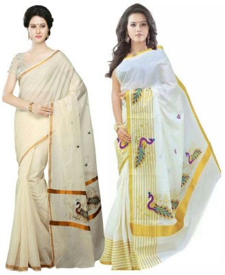 RSV FABRICS Embroidered Kasavu Cotton Blend Saree(Pack of 2, White, Beige)