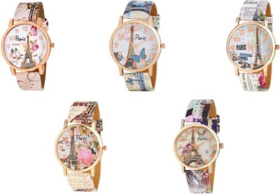 PMAX PARIS Effil Tower Dial Rose gold Dial And Multi color Leather Strap Combo Pack Of - 5 Watch  - For Women   Watches  (PMAX)