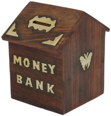 

RGRANDSONS Sheesham Wooden Hut shaped Piggy Bank/Money Bank 4" Coin Bank(Brown)