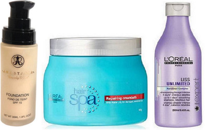 

L'Oreal Paris Paris repairing Hair Spa, Liss Unlimited Shampoo & Anastasia Liquid Foundation(Set of 3)