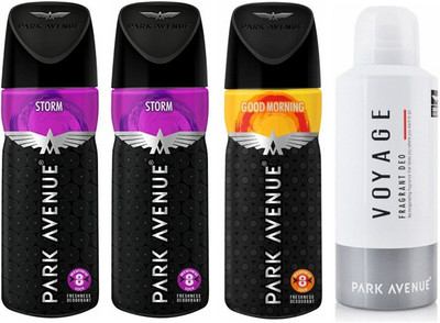 

Park Avenue 2 Storm and 1 Good Morning and 1 Voyage Deodorant Combo for Men (Pack of 4) Deodorant Spray - For Men(520 ml, Pack of 4)