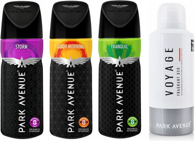 

Park Avenue 1 Storm and 1 Good Morning and 1 Tranquil and 1 Voyage Deodorant Combo for Men (Pack of 4) Deodorant Spray - For Men(520 ml, Pack of 4)