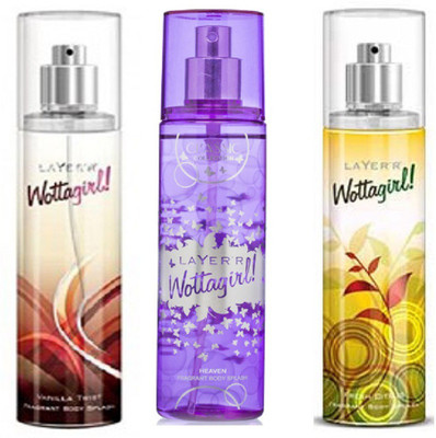 

LAYERR WOTTAGIRL FRESH CITRUS FRAGRANT BODY SPLASH + WOTTAGIRL VANILLA TWIST FRAGRANT BODY SPLASH + WOTTAGIRL HEAVEN FRAGRANT BODY SPLASH Body Spray - For Women(135 ml, Pack of 3)