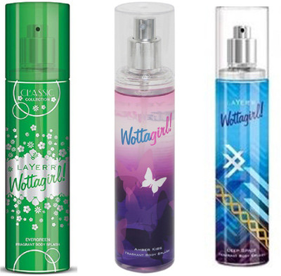 

LAYERR WOTTAGIRL DEEP SPACE FRAGRANT BODY SPLASH + WOTTAGIRL AMBER KISS FRAGRANT BODY SPLASH + WOTTAGIRL EVERGREEN FRAGRANT BODY SPLASH Body Spray - For Women(135 ml, Pack of 3)